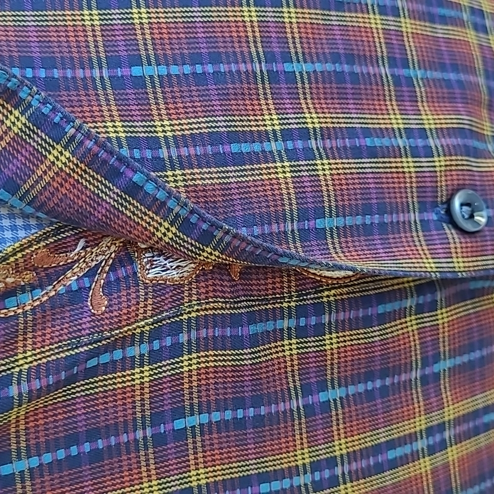 ROBERT GRAHAM Red Gold Blue Plaid Cotton Large Mens Long Sleeve Shirt - Picture 3 of 7
